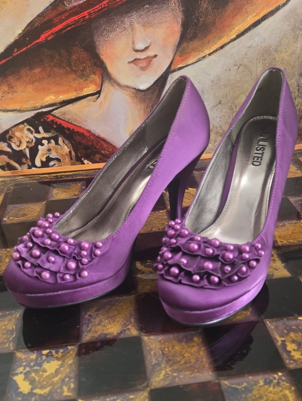 Unlisted Production Purple Amethyst Pearl Beaded Satin High Heel Pumps